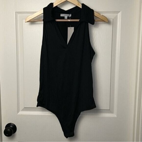 Gaze Black One Piece Collared Deep V-Neck Sleeveless Casual Bodysuit Size Large - Picture 2 of 8